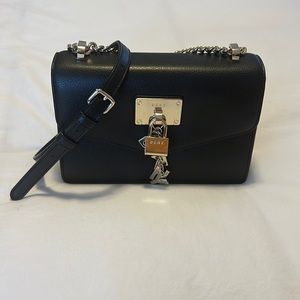DKNY black leather crossbody shoulder bag with gold accents